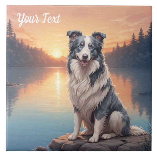 Azulejo Border Collie Merle Azul junto al lago (Frente)
