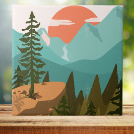 Azulejo Bosque abstracto moderno, montañas y amanecer