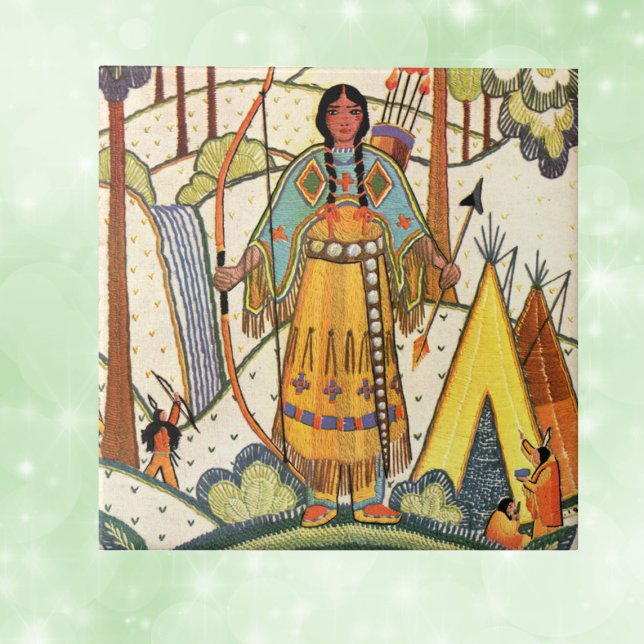 Azulejo Bosque de aldea de nativas nativas nativas nativas (Embroidered look Native American lady teepee in forest on ceramic decorative tile.)
