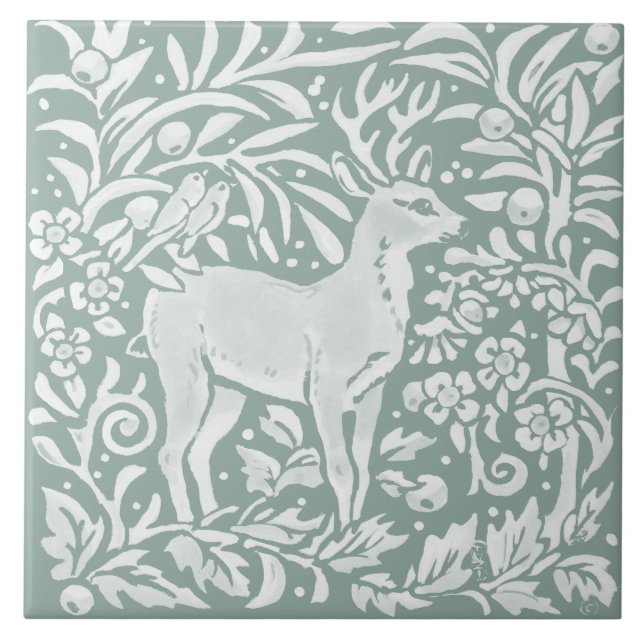 Azulejo Bosque de bosque de bosques Sage Green Deer Willia (Frente)