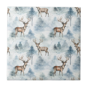 Azulejo Bosque de ciervos acuarela de invierno (5)