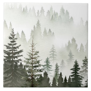 Azulejo Bosque de hoja perenne brumoso acuarela