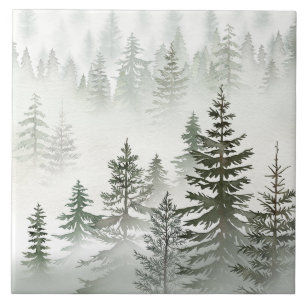 Azulejo Bosque de hoja perenne brumoso acuarela