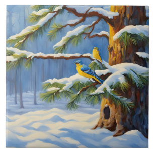 Azulejo Bosque de invierno con pájaros coloridos en un árb