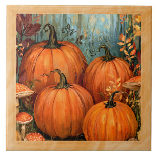 Azulejo Bosque de otoño con calabazas y musgo, enmarcado,
