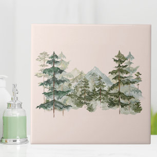 Azulejo Bosque de pino de acuarela y rústico de montaña