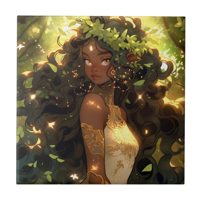 Azulejo Bosque Elf African American Black Fantasy Art (Frente)