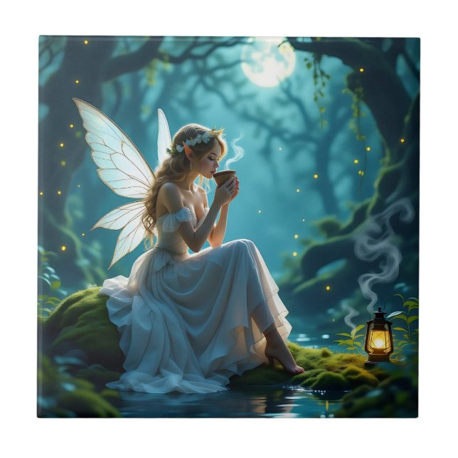 Azulejo Bosque encantado de hadas y café (Frente)