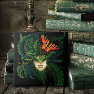 Azulejo Bosque Encantador Mujer Dríada Mariposa Fantasía