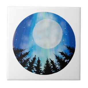 Azulejo Bosque Nocturno Caprichoso Círculo Azul Bajo la Lu