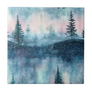 Azulejo Bosque nocturno de Aurora Boreal oscura