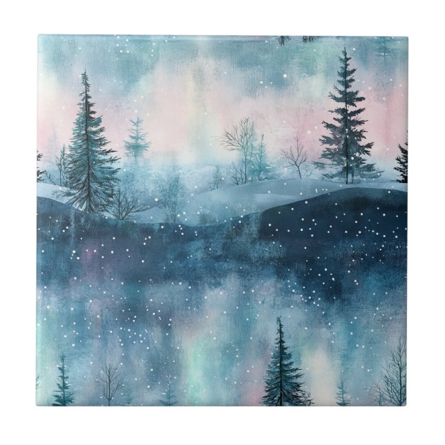 Azulejo Bosque nocturno de Aurora Boreal oscura (Frente)