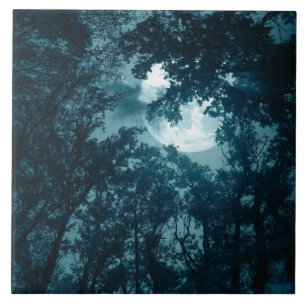 Azulejo Bosque nocturno encantador con luna llena