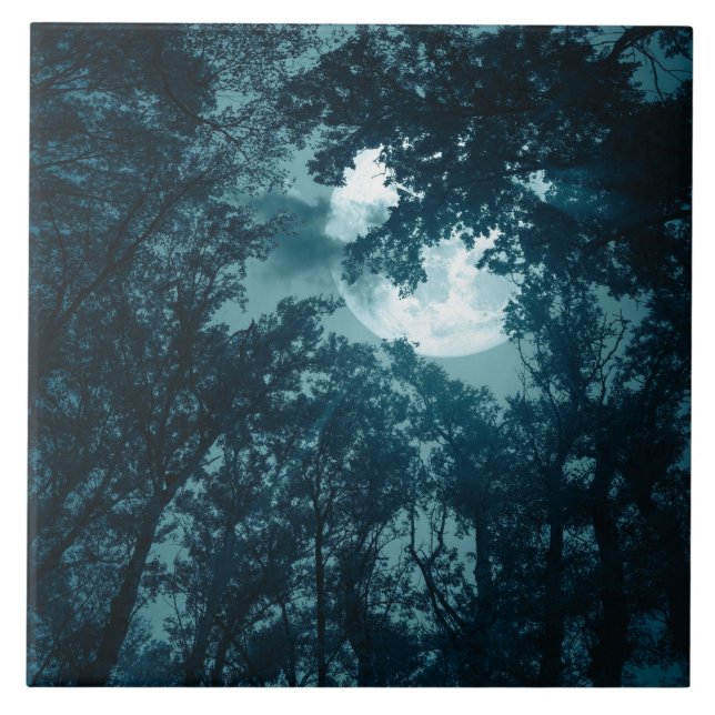Azulejo Bosque nocturno encantador con luna llena (Frente)