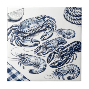 Azulejo Bosquejo de mariscos de langosta de cangrejo náuti