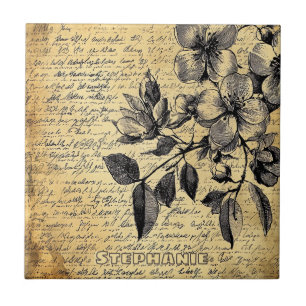Azulejo Bosquejo Floral Rústico con Caligrafía - Envejecid
