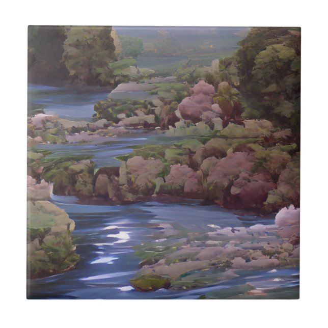 Azulejo Bosques de árboles verdes del río azul arte digita (Frente)