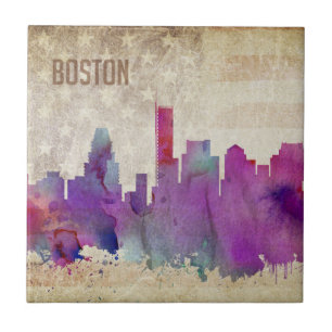 Azulejo Boston, horizonte de la ciudad de la acuarela de