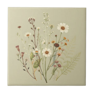 Azulejo Botánica vintage de flores silvestres y helechos