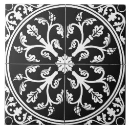 Azulejo Botánico abstracto circular vintage en blanco y ne