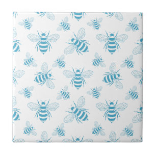 Azulejo Botánico de abeja vintage azul (1)