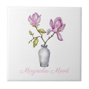 Azulejo Botánico de Acuarela de Magnolia Rosa