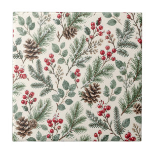 Azulejo Botánico de invierno en acuarela: pino y bayas