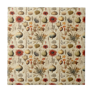 Azulejo Botánico de otoño rústico con calabazas y granos