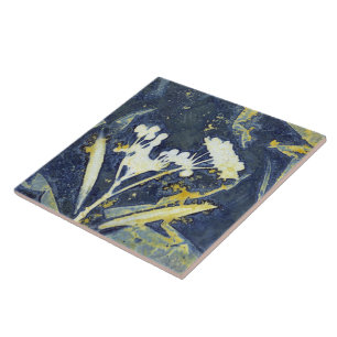 Azulejo Botánico floral elegante cianotipo