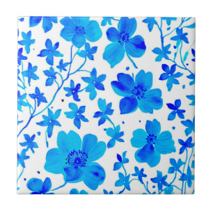 Azulejo Botánico floral en azul profundo y blanco