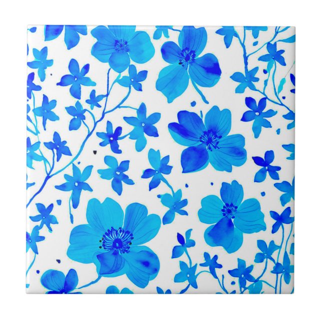 Azulejo Botánico floral en azul profundo y blanco (Frente)
