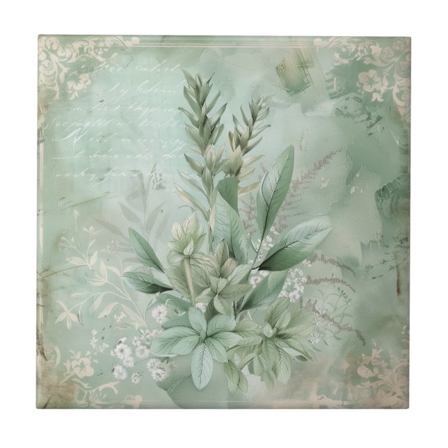 Azulejo Botánico floral verde menta vintage (1) (Frente)