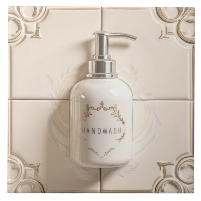 Azulejo Botella de lavado de manos blanca y crema Gracioso (Frente)