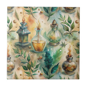 Azulejo Botellas Antiguas de Poción Verde Ámbar Botánico