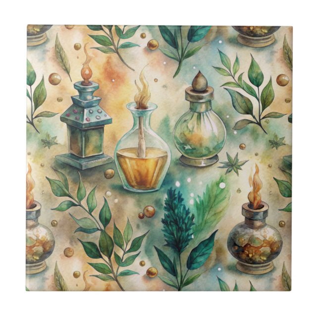 Azulejo Botellas Antiguas de Poción Verde Ámbar Botánico (Frente)