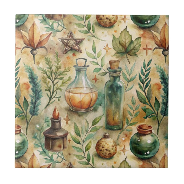 Azulejo Botellas de Brujería Mística Verde Marrón (Frente)