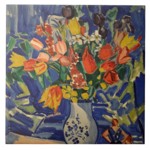 Azulejo Bouquet de época con figuras en el fondo