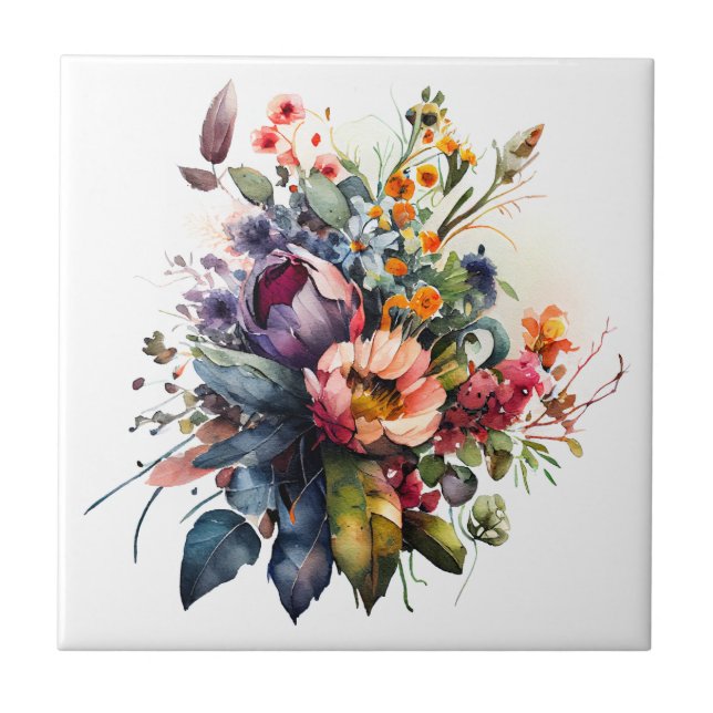 Azulejo Bouquet de flores de verano acuarela Tile cerámico (Frente)