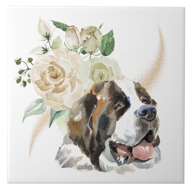 Azulejo Bouquet de rosa blanca San Bernardo Perro (Frente)