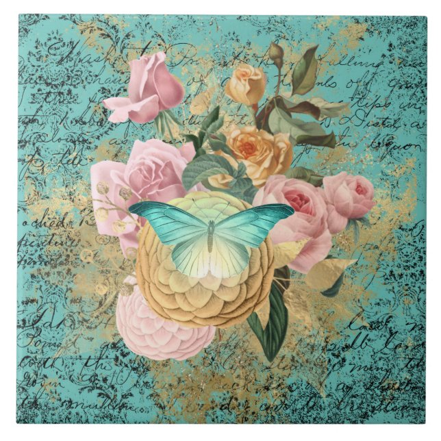 Azulejo Bouquet floral y mariposa de época (Frente)