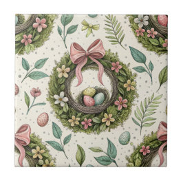 Azulejo Boxwood Easter Wreath Pink Bow with Egg