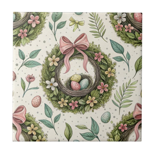 Azulejo Boxwood Easter Wreath Pink Bow with Egg (Frente)