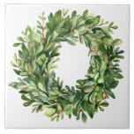 Azulejo Boxwood Wreath Berries Simple Watercolor Farmhouse<br><div class="desc">Una cerámica perfecta para la decoración. La corona de madera de paja con bayas secas. Se utilizó una simple acuarela para hacer esta cerámica de granja.</div>