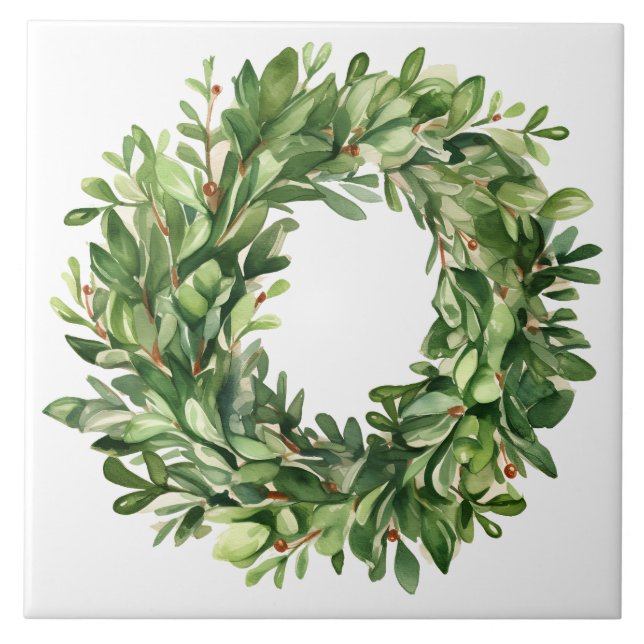 Azulejo Boxwood Wreath Berries Simple Watercolor Farmhouse (Frente)