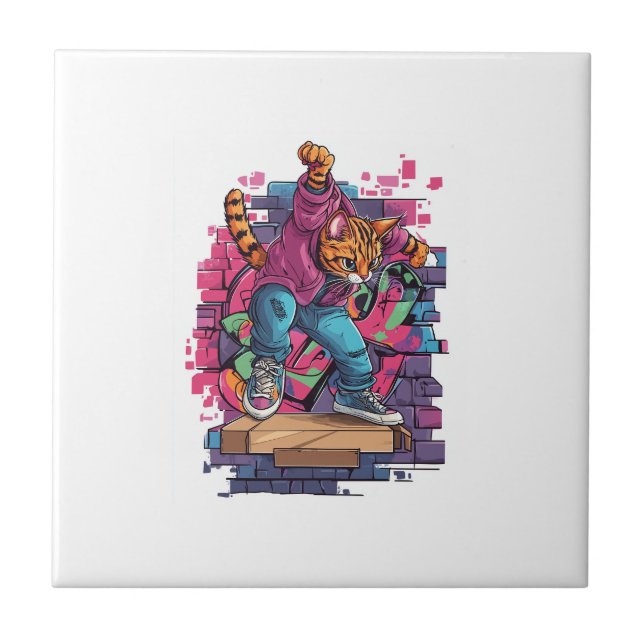 Azulejo Breakdance Meow � Baile de gato de graffiti urbano (Frente)