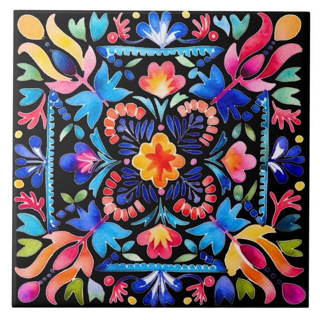 Azulejo Brillante Cerámica De Diseño De Flor Mexicana (Frente)