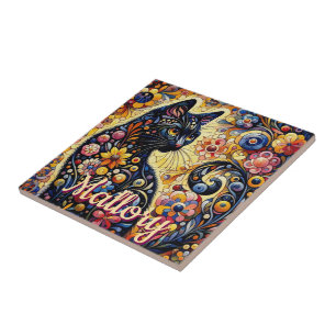 Azulejo Brillante Floral Black Cat Kitty Personalizado