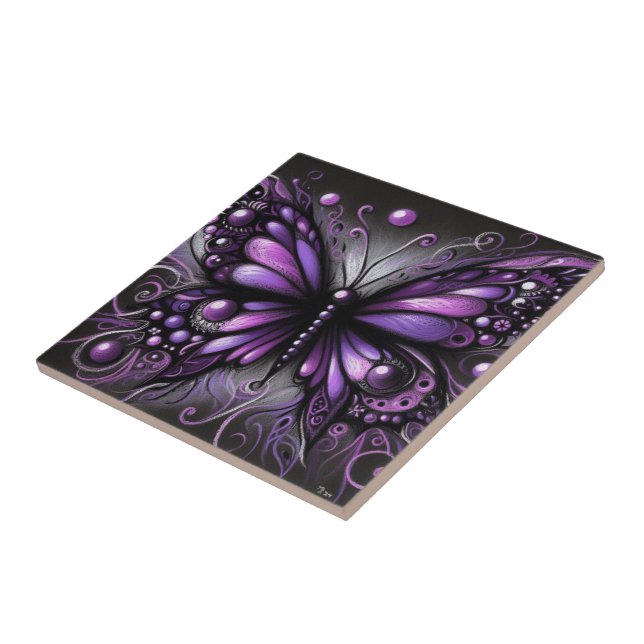 Azulejo Brillante mariposa gótica morada color negro (Lado)
