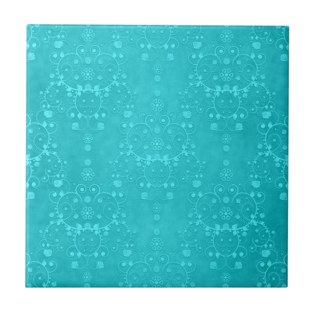 Azulejo Brillante Turquoise Verde azulado Aqua Damask (Frente)