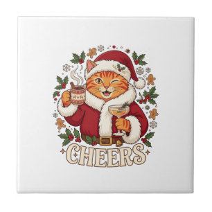 Azulejo Brindis Navidad Naranja Gato Santa Sombrero Bebida